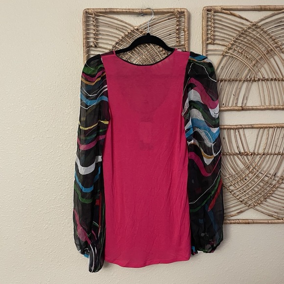 Custo Barcelona Y2K 60s Psychedelic Sheer Top Blouse Vibrant Funk Hip Sz 2 B34 - Picture 2 of 11